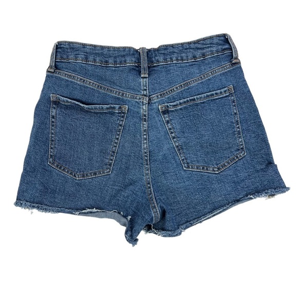 OLD NAVY Women’s Blue Jean Shorts Sz 8 Higher High-Rise Button Fly Distressed - Picture 2 of 9